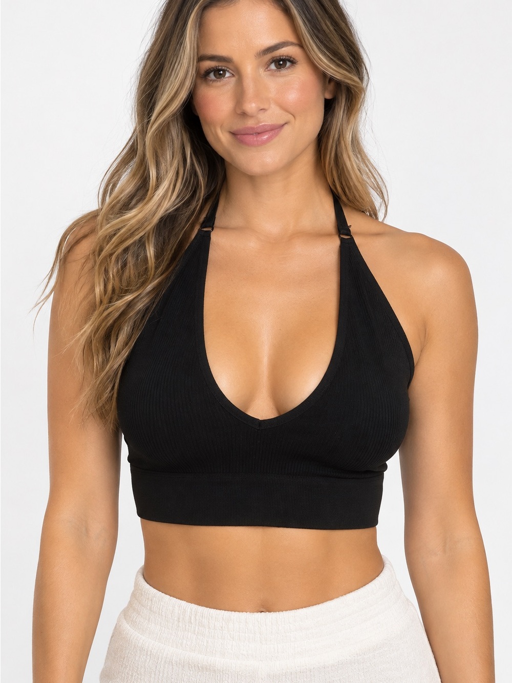 Women’s Small Black Seamless Halter Crop Top Adjustable Open Back Stretch S